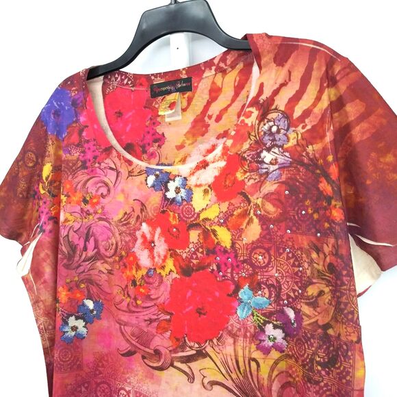 Appropriate Behavior Shirt Womens Plus Size 2X Red Floral Short Sleeve Top - Picture 2 of 6